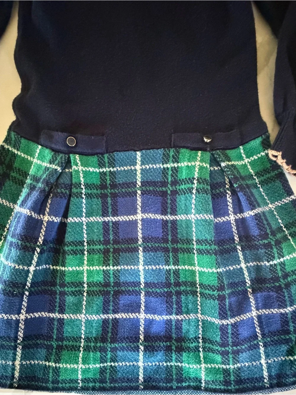 Janie and Jack Navy Mock-Neck Puff Sleeve Sweater with Green & Blue Plaid Skirt